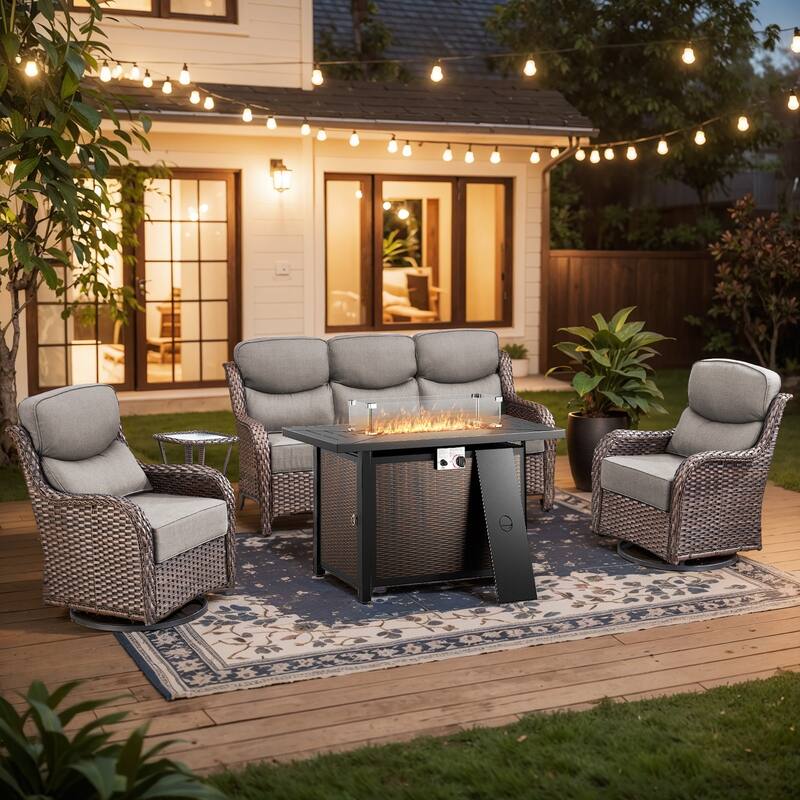 Pocassy Patio Furniture Set with 43 inch Fire Pit Table - Gray Cushion Brown Wicker - 5-Piece Sofa Siwvel Chair Table w/ Fire Pit Table