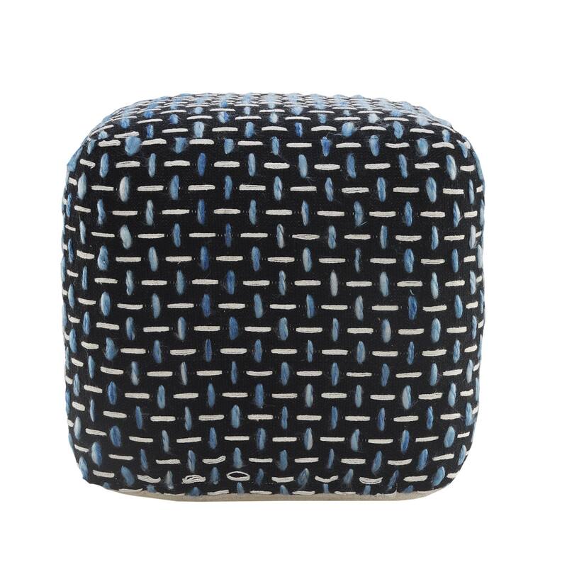 16" Black and White Geometric Interwoven Square Pouf Ottoman