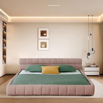 Modern Floor Standing California King Size Chenille Upholstered Platform Bed - No Box Spring Needed