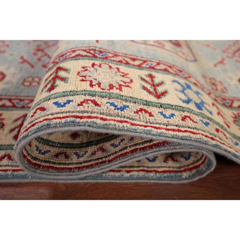 Geometric Kazak Oriental Runner Rug Hand-Knotted Grey Wool Carpet - 2'7" x 16'0"