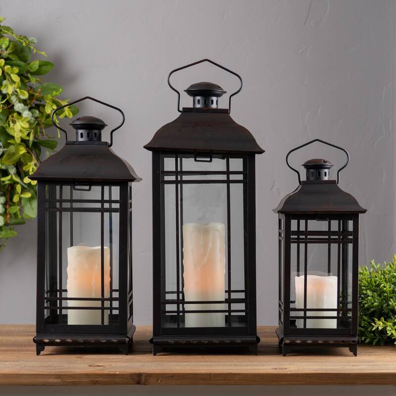 3 Rustic Black Coffee Mission-Style Glass Pillar Candle Lanterns 20"