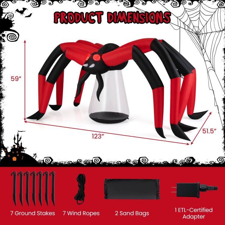 Black-Red Polyester Giant Inflatable Halloween Spider with LED Eyes and 10ft Wide - 123" x 51.5" x 59"