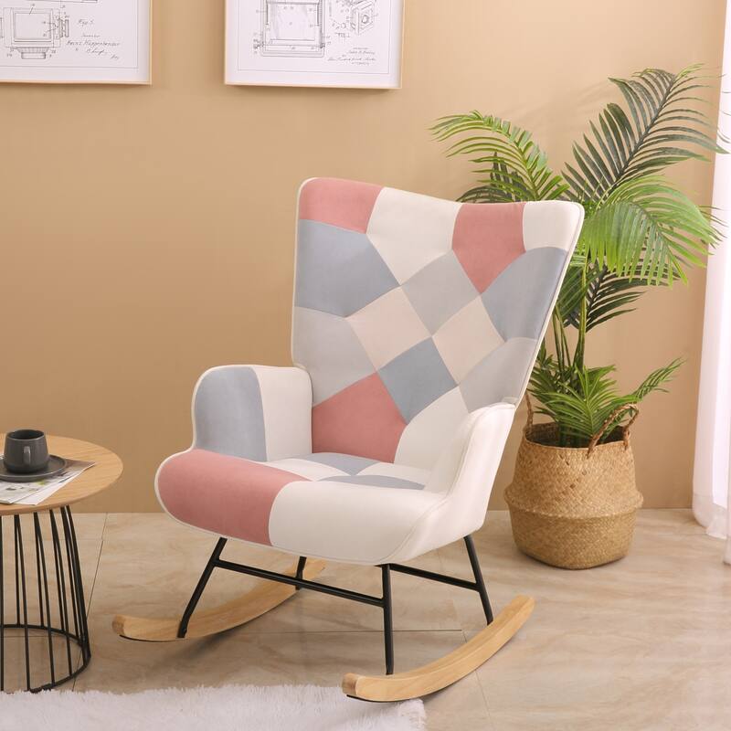 Fabric Rocker Chair with Wood Legs and Patchwork Linen