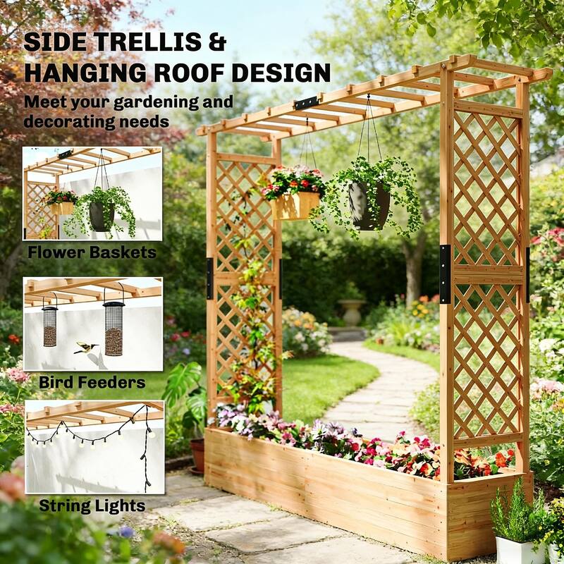 Raised Garden Planter with Trellis and Drainage for Flowers Vegetables