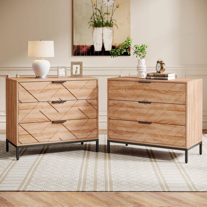 Modern Nightstand with 3 Drawers, Wooden Bed Side Table for Bedroom