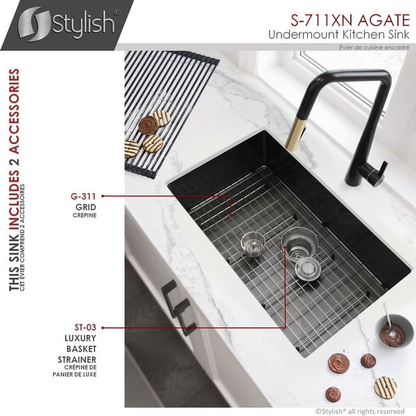 STYLISH 30 inch Graphite Black Stainless Steel 16G Undermount Kitchen Sink - 30" x 18" x 9"