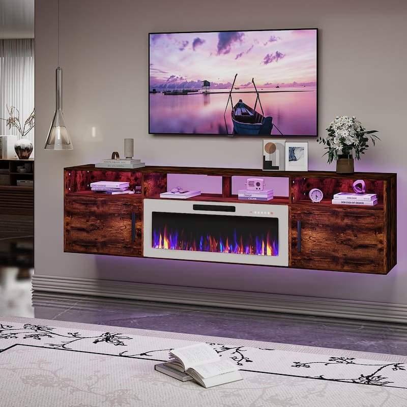 BOSSIN 80" Floating TV Stand with 36" Electric Fireplace, High Gloss Finish Wall Mounted Fireplace TV Stand with Storage