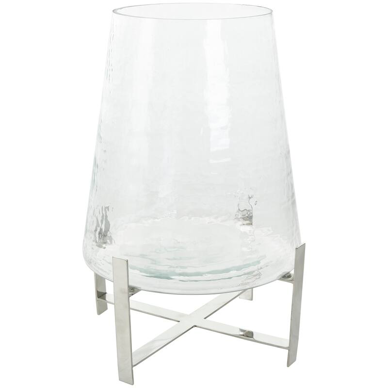 Clear Stainless Steel Metal Hurricane Lamp with Stainless Steel X Shaped Base
