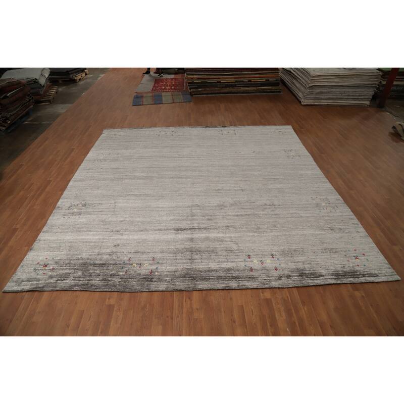 Hand Knotted Oriental Viscose Silk Carpet Tribal Animal Pictorial Greys & Charcoal Gabbeh Area Rug - 11' 8'' X 11' 9''