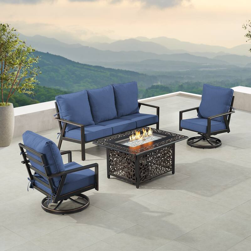 Black Aluminum Fire Table Set with Sofa and Two Club Chairs - Blue