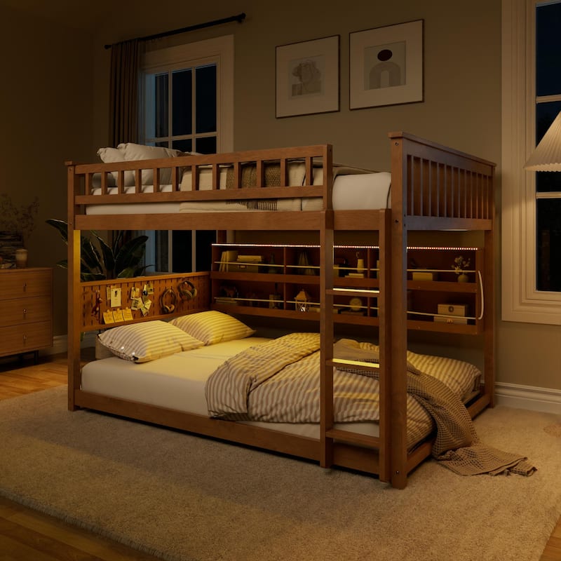 Full XL over Queen/Full over Full Bunk Bed with Integrated Shelving, Color-Changing Lights & Pegboard