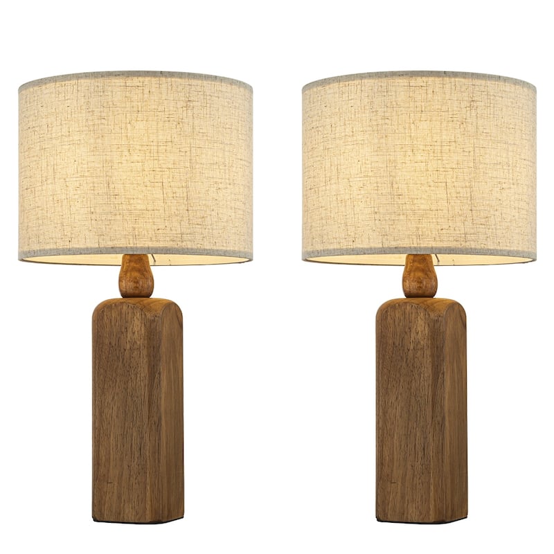 Farmhouse Traditional Natural Brown Solid Wood Base Table Lamp with Beige Fabric Shade for Bedroom Living Room（Set of 2)