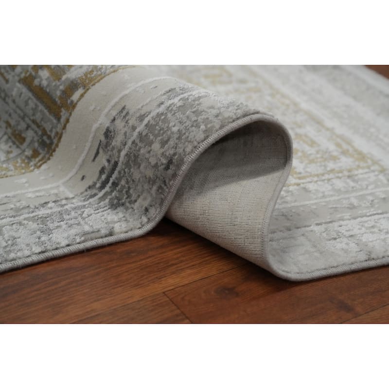 Machine Made Oriental Polyester Carpet Bordered Greys & Charcoal Distressed Area Rug - 7' 5'' X 5' 2''