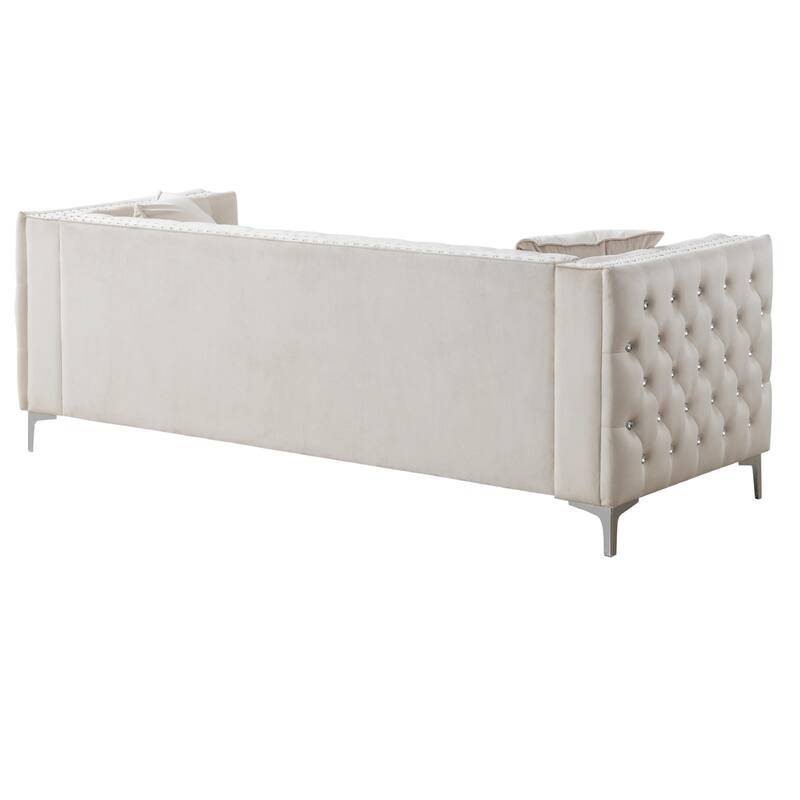 Tufted Faux Diamond Button Velvet 3-Seater Sofa with Throw Pillows - 86" - Cream
