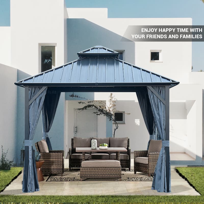 10' X 10' Hardtop Gazebo with Galvanized Steel Double Roof, Sturdy Aluminum Frame, Curtains, and Netting
