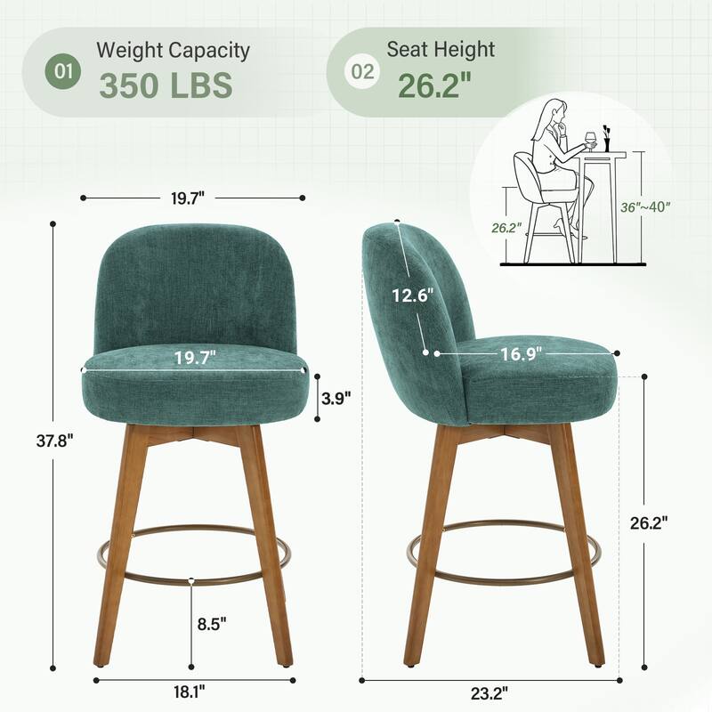 Fabric Upholstered Counter Height Swivel Bar Stools - 37.8"H x 19.7"W x 23.2"D