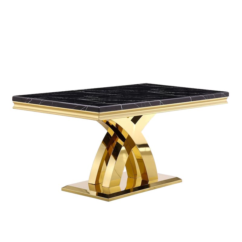 Black and Gold Dining Room Table with 65-inch top and Gold Polished Stainless Steel Metal Double X Base - Black Gold