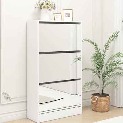 23.6in x 41.73in 3-Tier Wooden Shoe Storage Cabinet with Mirror White