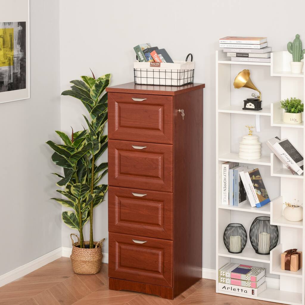 HOMCOM Tall Wooden 4 Drawer Vertical File Cabinet with Enclosed Storage, File Hangers and Lock, and Key