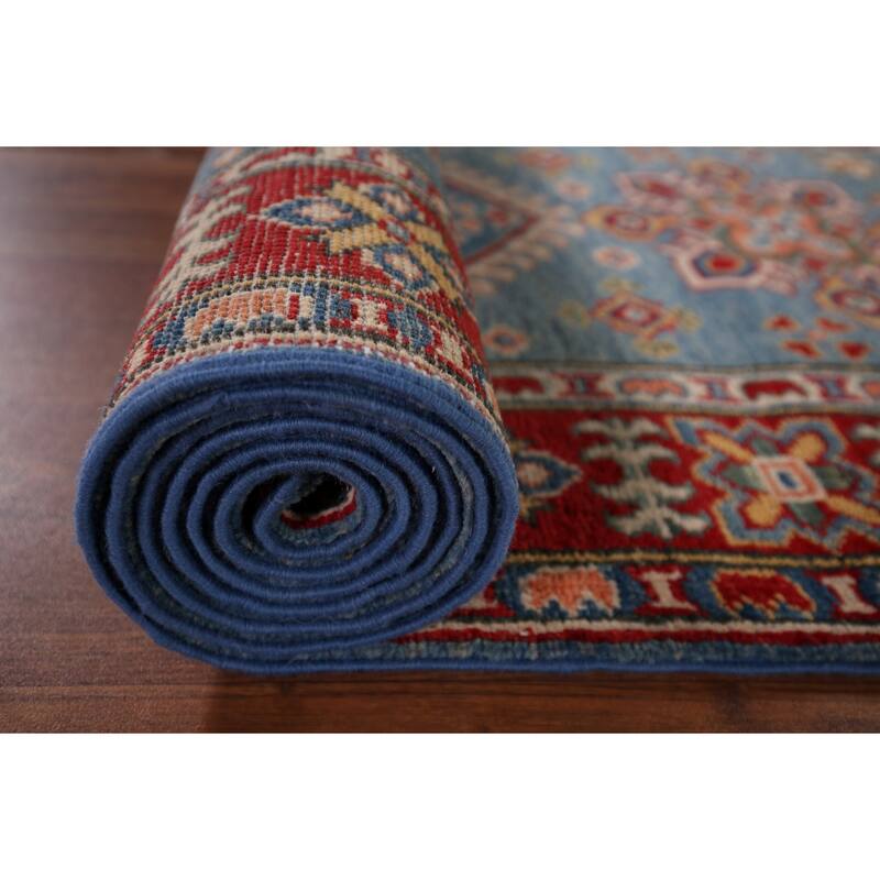 Blue Geometric Kazak Oriental Runner Rug Handmade Wool Carpet - 2'8" x 9'9"