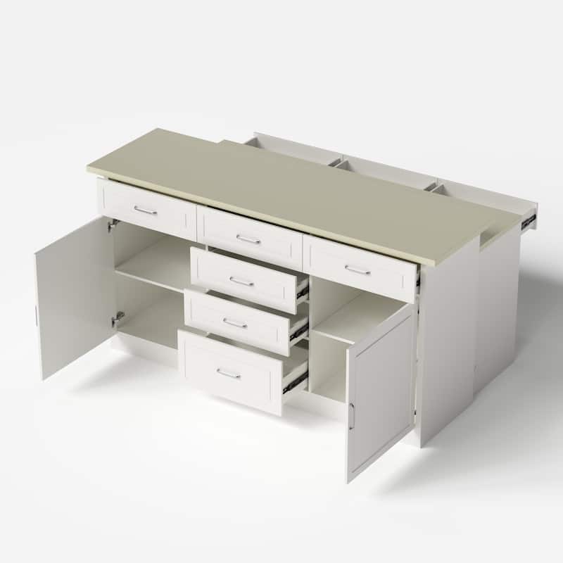 78.7" Kitchen Island with Faux Stone Top & Power Outlet Storage Cabinet with Drawers & Doors, Farmhouse White Kitchen Island