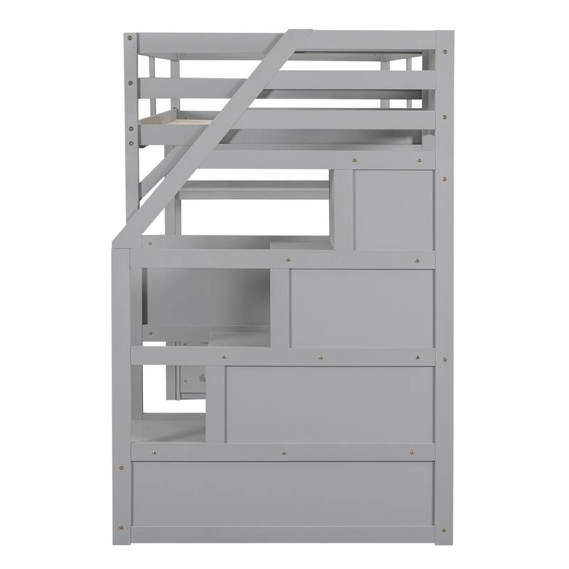 Twin Storage Loft Bed with All-in-One Desk and Shelves, Loft Bed Frame with 2 Built-in Drawers, Storage Staircase - Grey