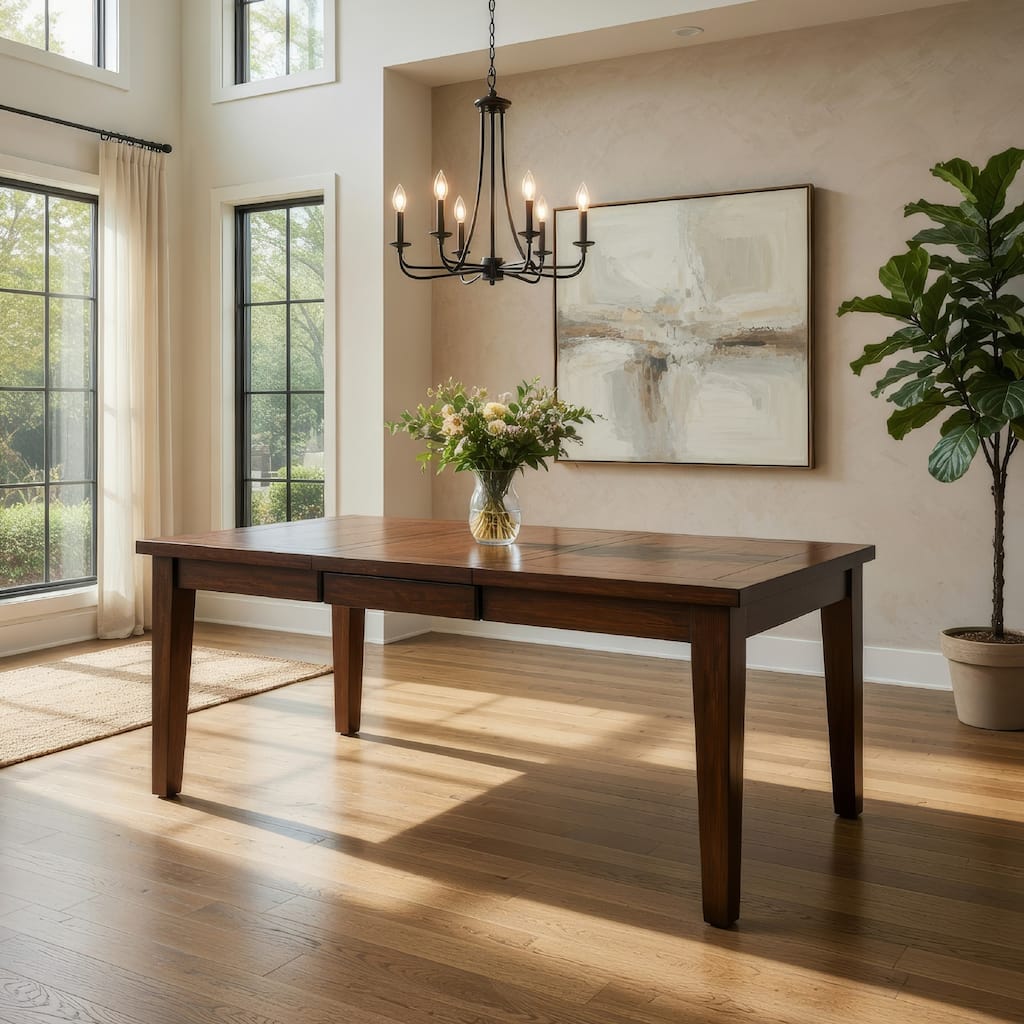 60 Inch Rectangular Dining Table, Extension Leaf, Tapered Legs, Brown Wood