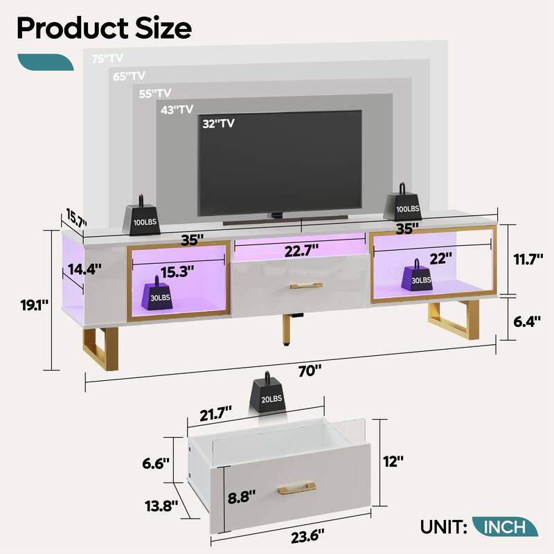 70" Led TV Stand for 75/80 inch TV, Glossy Media Console with Half-Glass Drawer