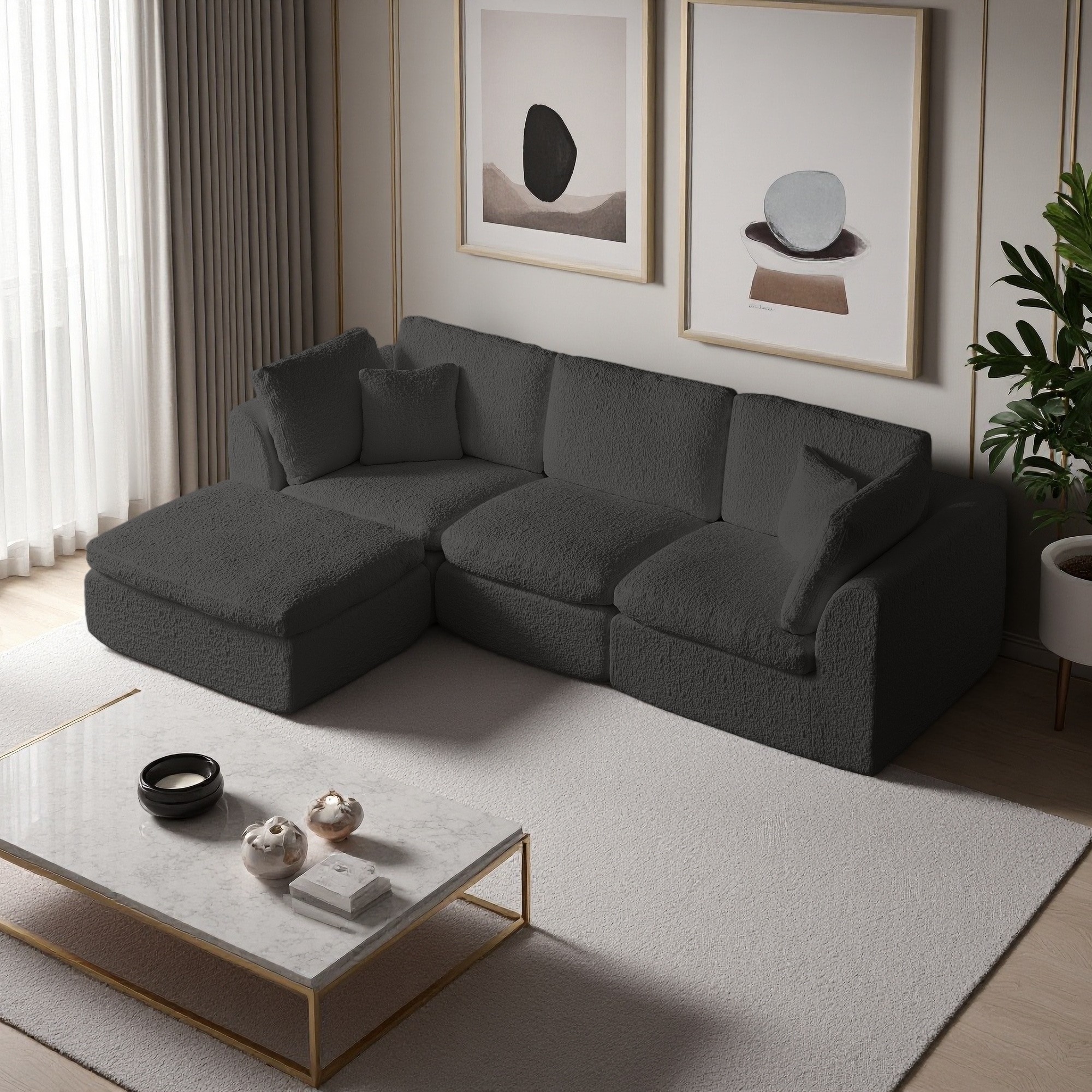 110" Chenille L-Shaped 3-Seat Sectional Sofa with Ottoman and 7 Throw Pillows