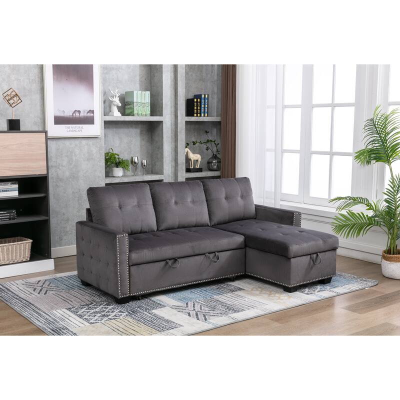 Reversible Velvet Sectional Sofa Pull out Sleeper Sofa Bed Lshape 3