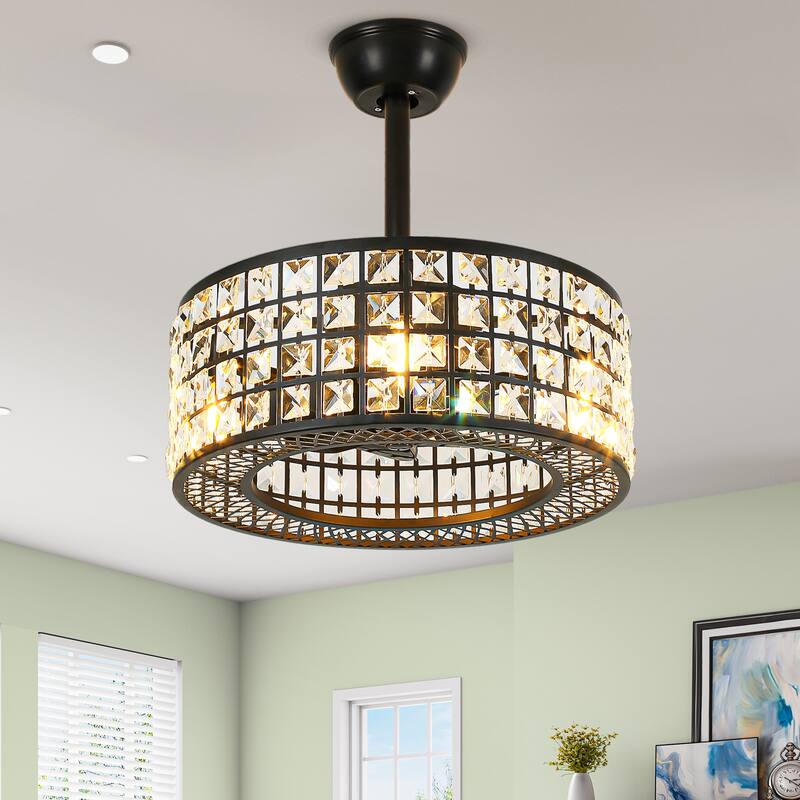 18'' Caged Ceiling Fan with Lights Remote Control Indoor Downrod Fan Light Black - 18" - Black