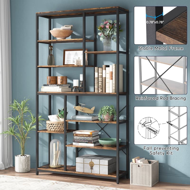 Staggered Bookcase Open Book Shelves Wood Etagere Display Shelf for Living Room