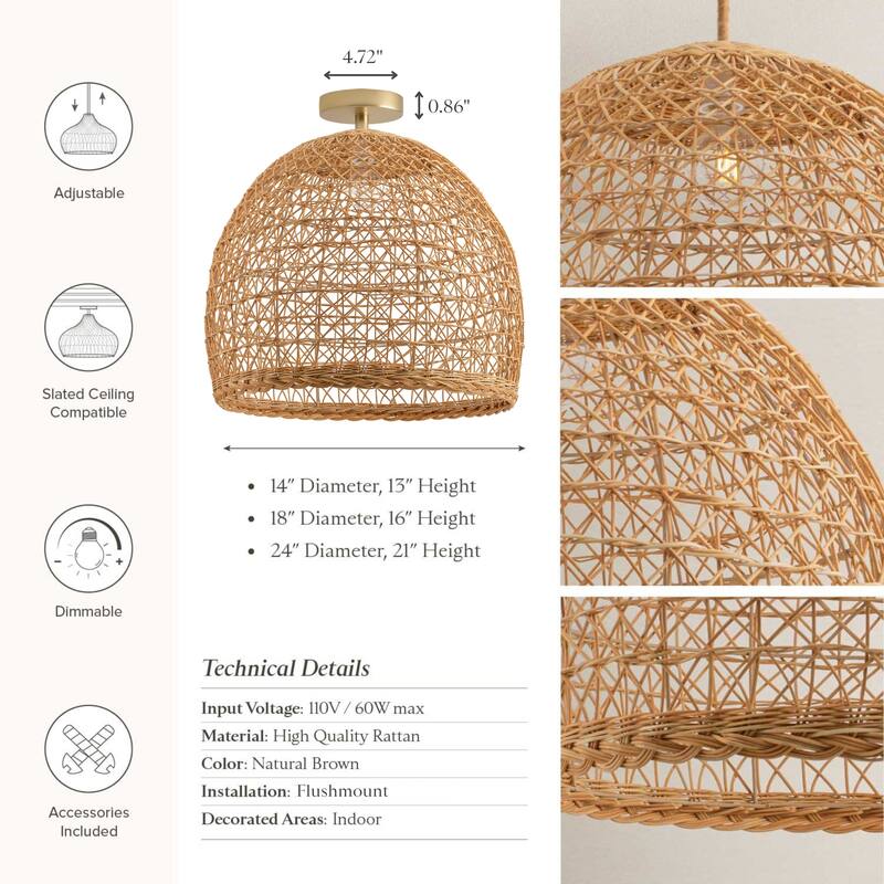 Lumiere Rattan Flush Mount - Rattan Natural Handwoven Ceiling Light for Hallway or Bedroom in Modern, Farmhouse, Boho Style
