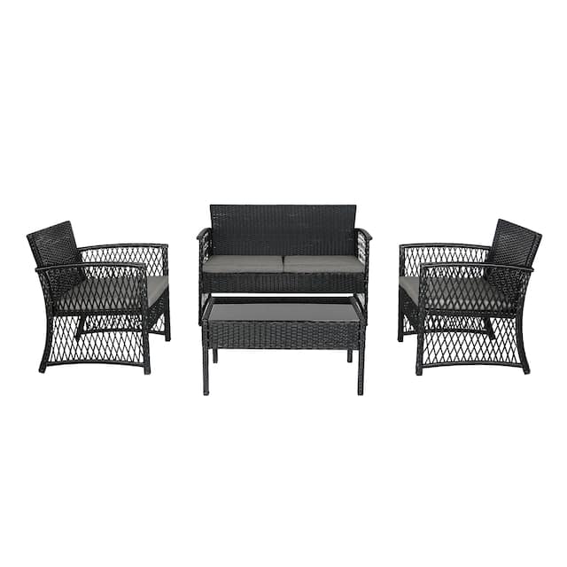 Madison Outdoor 4-Piece Cushioned Rattan Patio Furniture Chat Set - Black/Gray