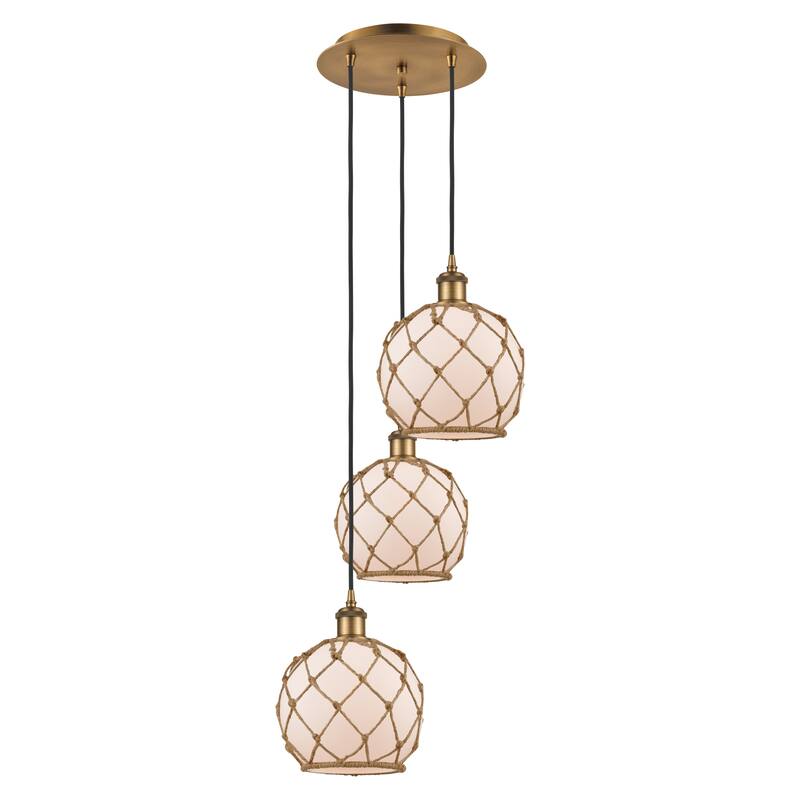 Innovations Lighting Endless Possibilities Ballston - Farmhouse Rope - 3 Light 15" Cord Hung Multi Pendant - White Glass with Brown Rope/Brushed Brass