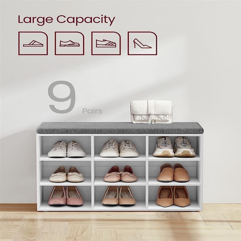 9-Compartment Storage Bench with Comfortable Linen-Look Seat Cushion for Shoes and Accessories - 11.9"D x 30.9"W x 18.9"H