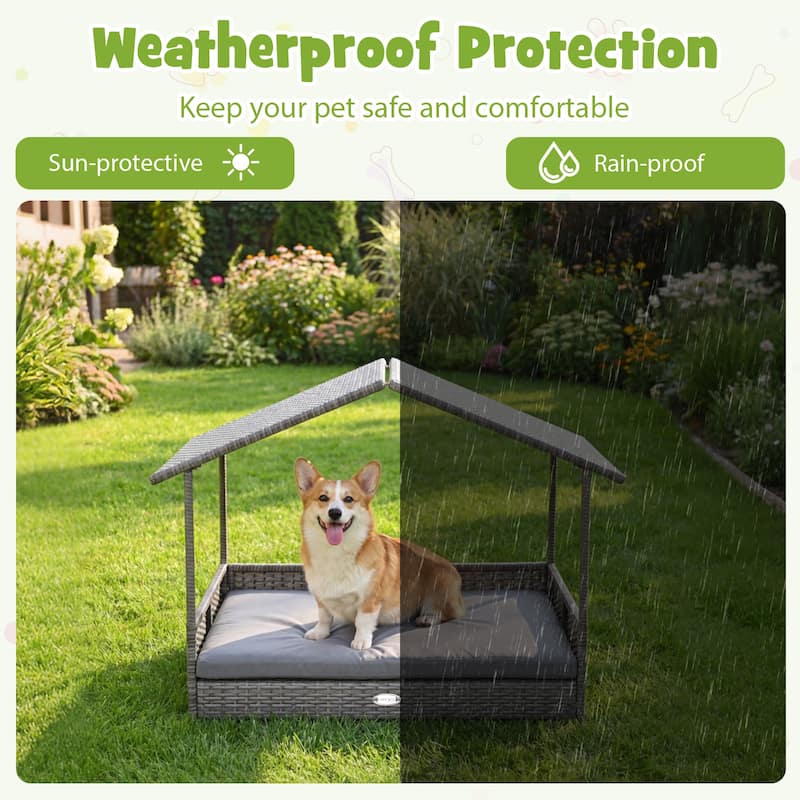 Gymax Wicker Dog House w/ Canopy PE Rattan Dog Bed Waterproof - Gray