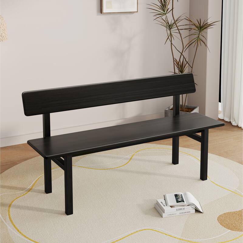 63" Farmhouse Dining Bench with Backrest Solid Wood Bench for Entryway