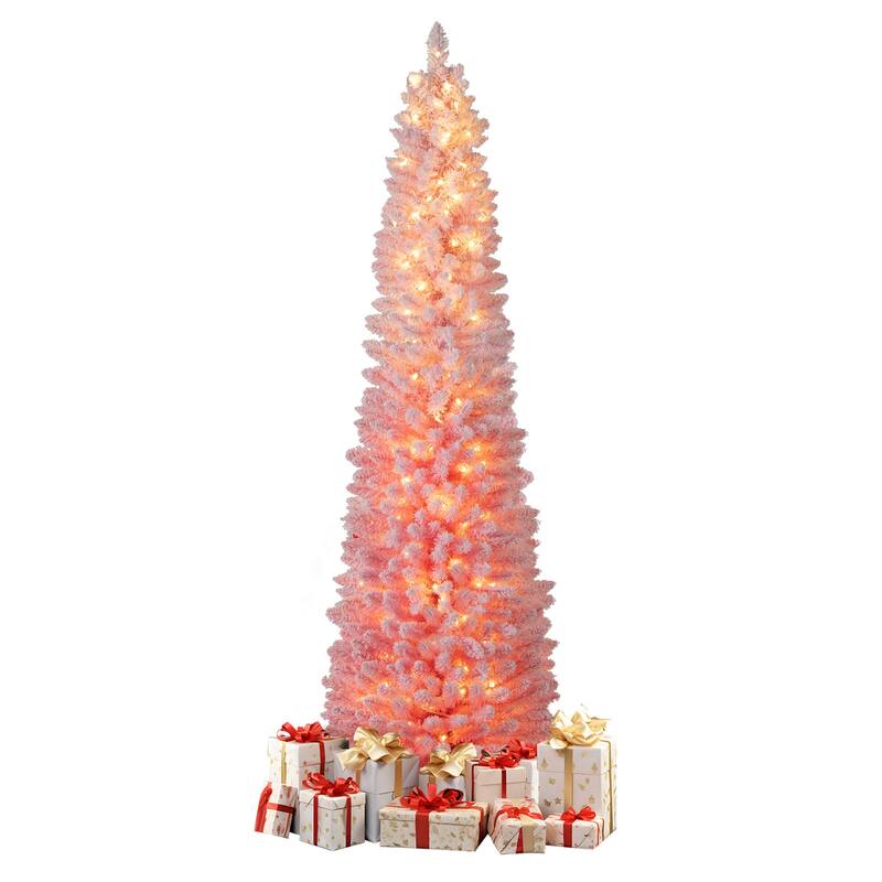 Pink Slim Christmas Tree with LED Lights and Snow-Flocked PVC Branches Included Metal Stand and Gloves