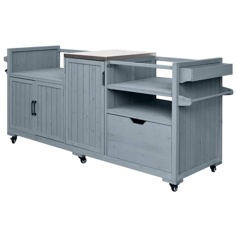 80.5" Solid Wood Outdoor Kitchen Island with Stainless Steel Top, Grill Cart Compatible with Big Green Egg & Blackstone