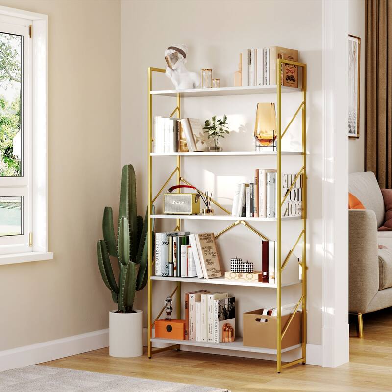 5 Tiers Wood Gold Bookshelf Modern Wide Bookcase Large Book Storage Rack White Gold