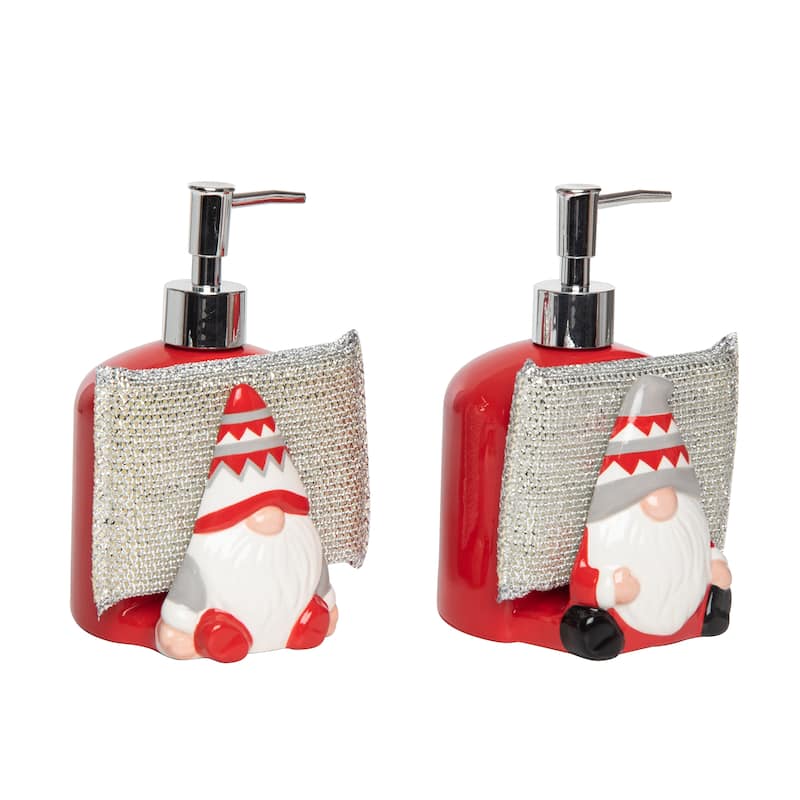 Transpac Ceramic Gnome Soap Dispenser / Sponge Holder Set of 2 Christmas Home Decorations