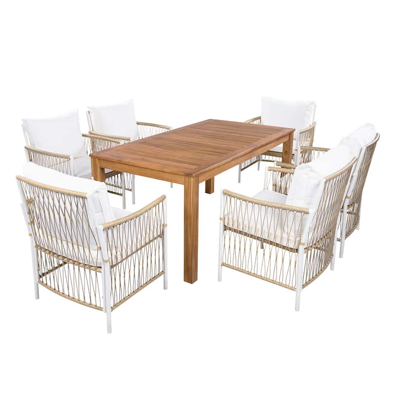 Roomfitters 7-Piece Patio Dining Set, Rectangular Outdoor Table with 6 White Rope Weave Armchairs & Cushions, Natural