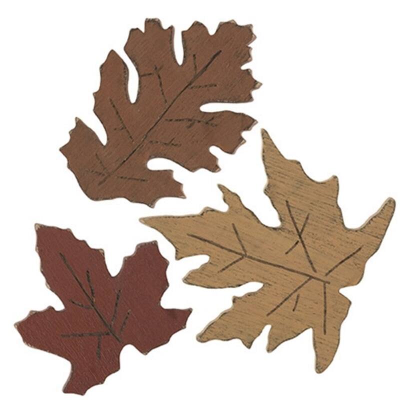 Set of 3 Carved Wooden Leaves with Distressed Painted Fall Decorations for Home or Table - Yellow: 4.75”H x 4.5”W x .25”D