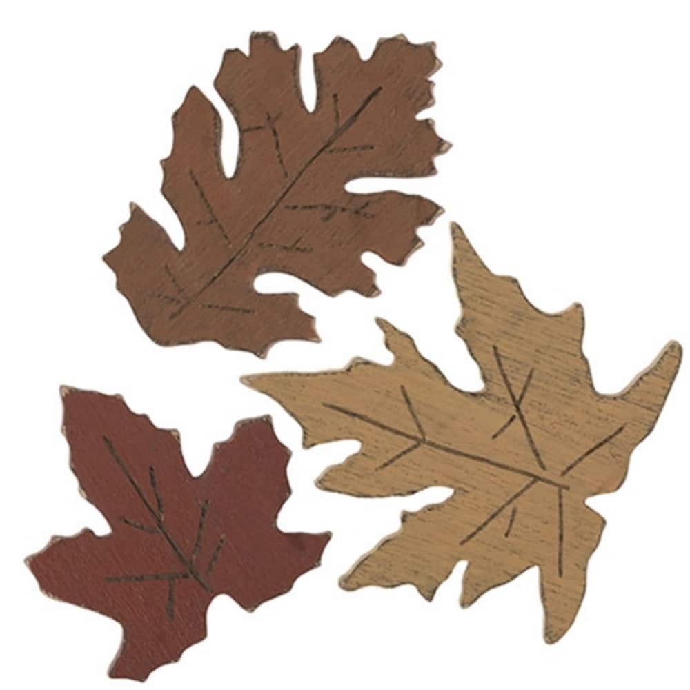 Set of 3 Carved Wooden Leaves with Distressed Painted Fall Decorations for Home or Table - Yellow: 4.75”H x 4.5”W x .25”D