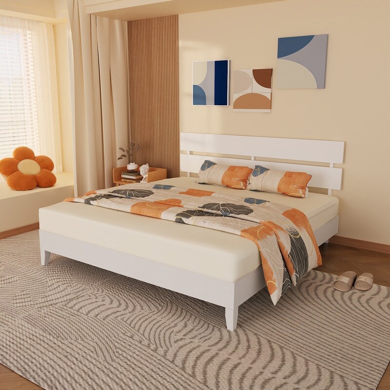 Modern Brown Solid Wood Platform Bed Frame with Headboard