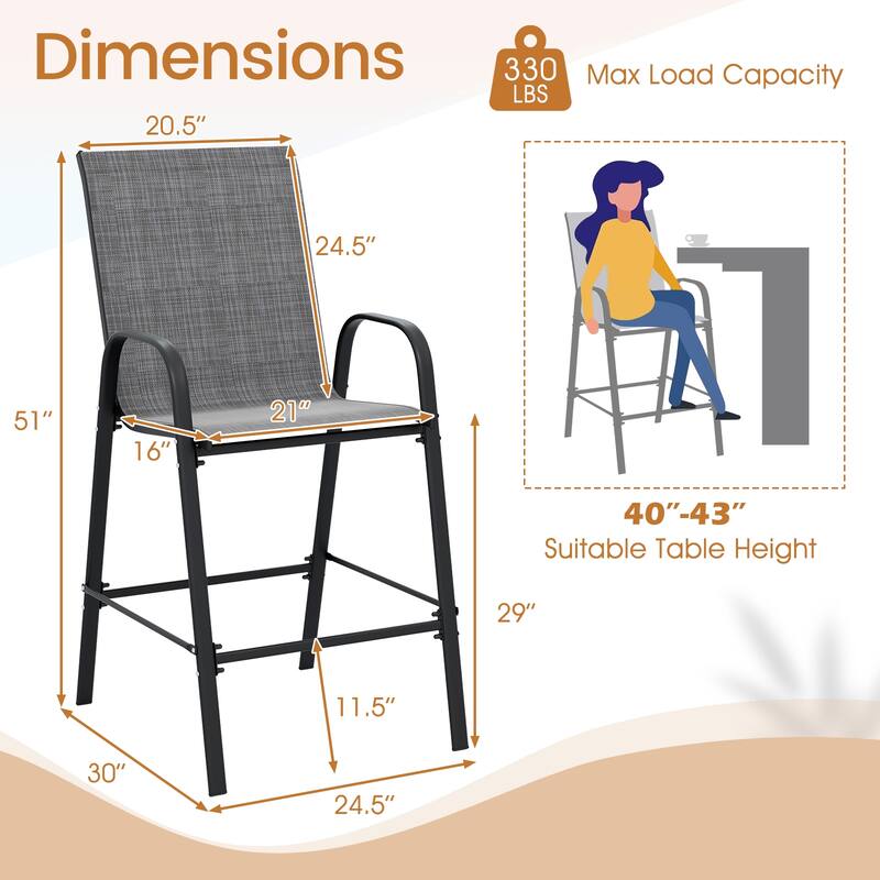 29" Outdoor Bar Stools Set 2 Fabric High Back Chairs with Metal Frame for Decks and Porches - 24.5" x 30" x 51"