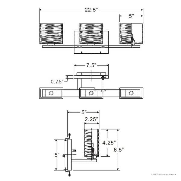 dimension image slide 0 of 2, Luxury Modern Glass/ Chrome Finish Steel 3-light Bathroom Light - 6.75" H, 22.5" W, 5" Dep