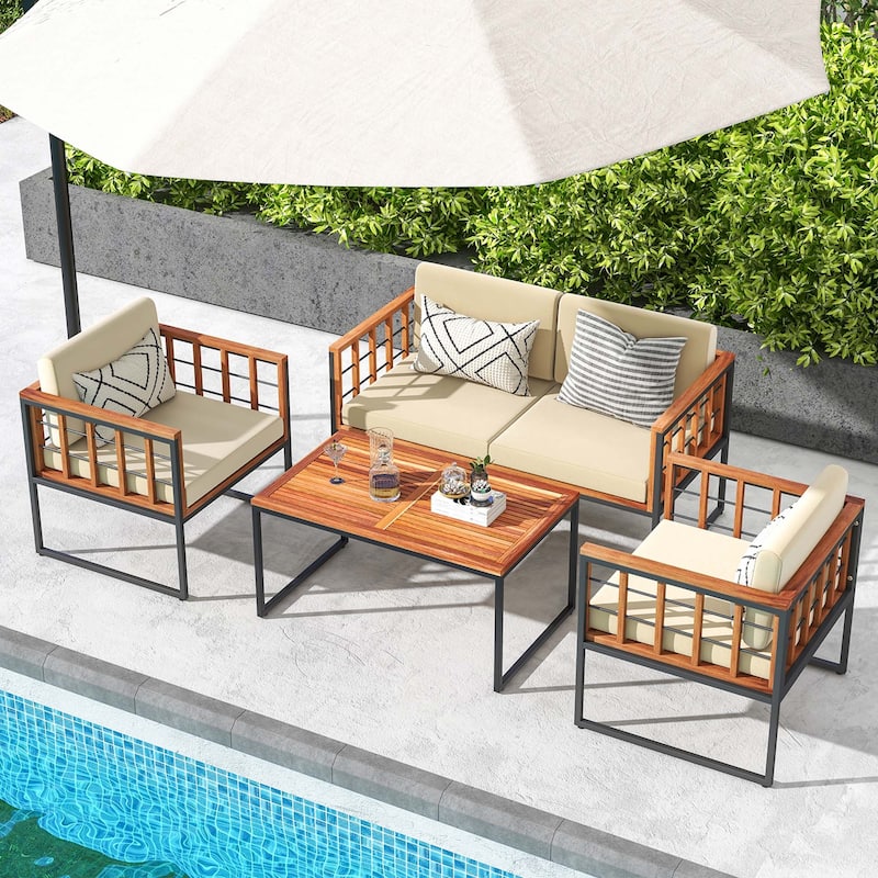 Costway 4 PCS Acacia Wood Outdoor Sofa Set with Heavy Duty Metal Frame - See Details
