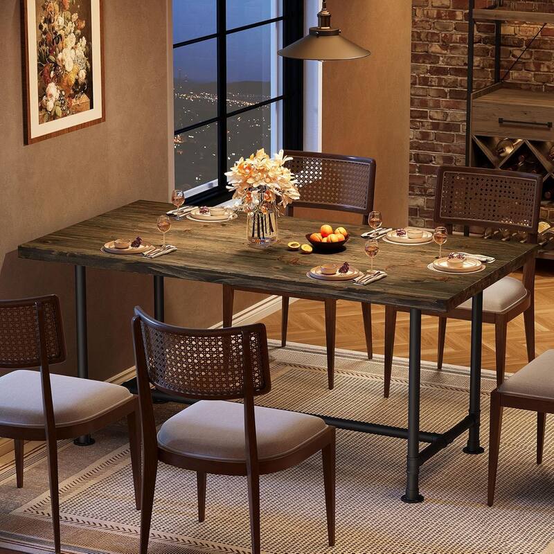 63-Inch Solid Wood Dining Table for 4-6, Rectangular Kitchen Table with Metal Footrest & Sturdy Metal Frame for Dining Room